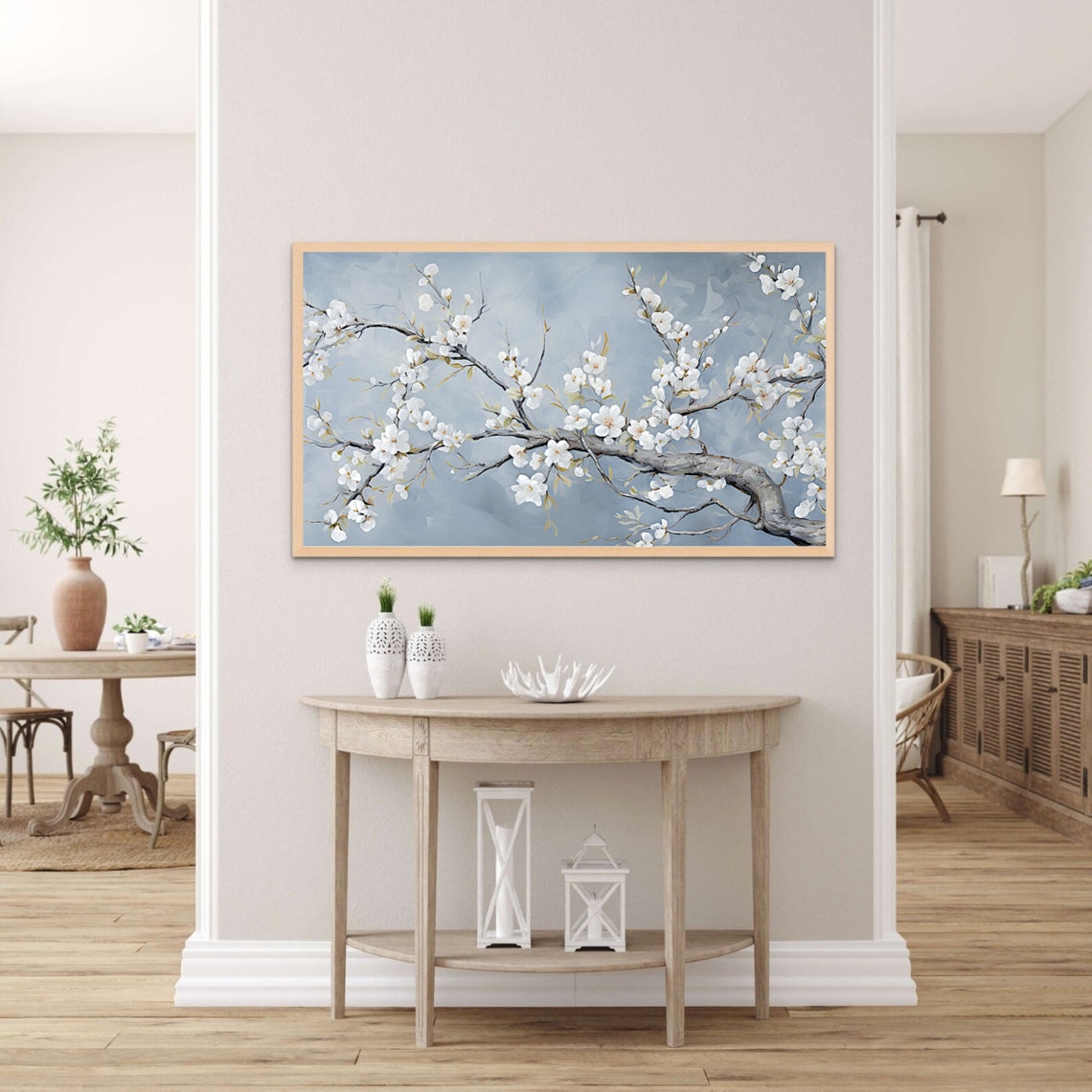 White Almond Blossom Branches on Blue Spring Oil Painting Poster - Image 3