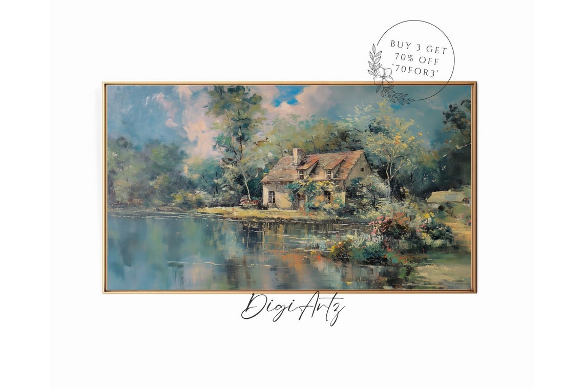 Lakeside Stone Cottage Impressionist Painting Vintage Landscape Poster