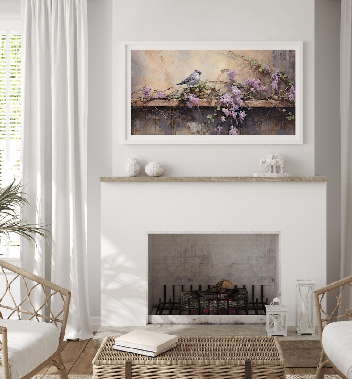Small Gray Bird on Lilac Branch Vintage Nature Oil Painting Poster - Image 3