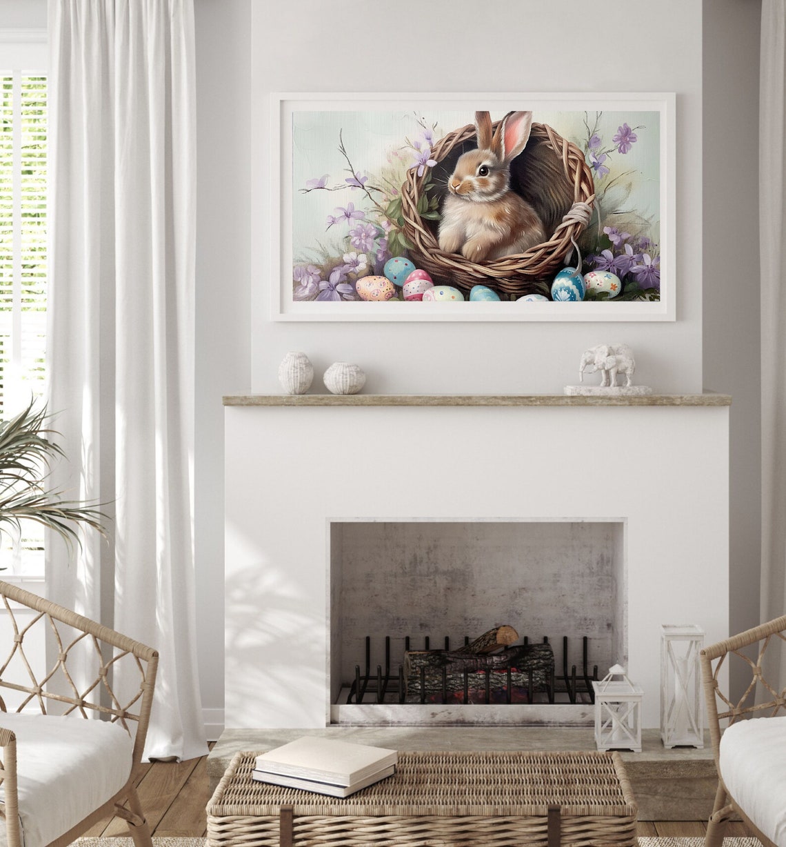 Easter Bunny In Wicker Basket With Painted Eggs And Flowers Poster