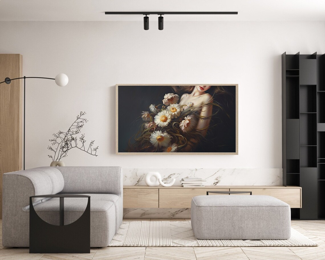 Moody Woman With Daisies Dark Feminine Floral Oil Painting Poster - Image 5