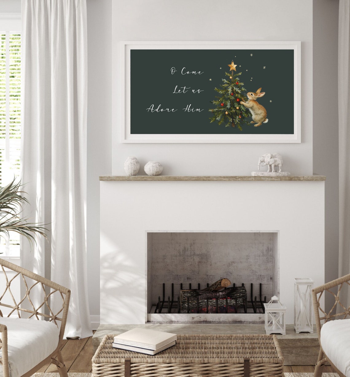 O Come Let Us Adore Him Bunny Christmas Tree Christian Poster - Image 5