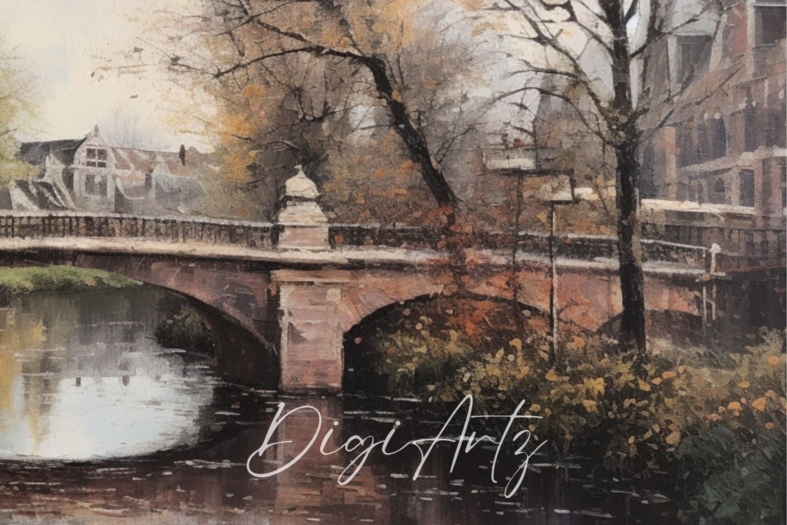 Autumn Stone Bridge Over River Orange Trees Vintage Landscape Poster - Image 6