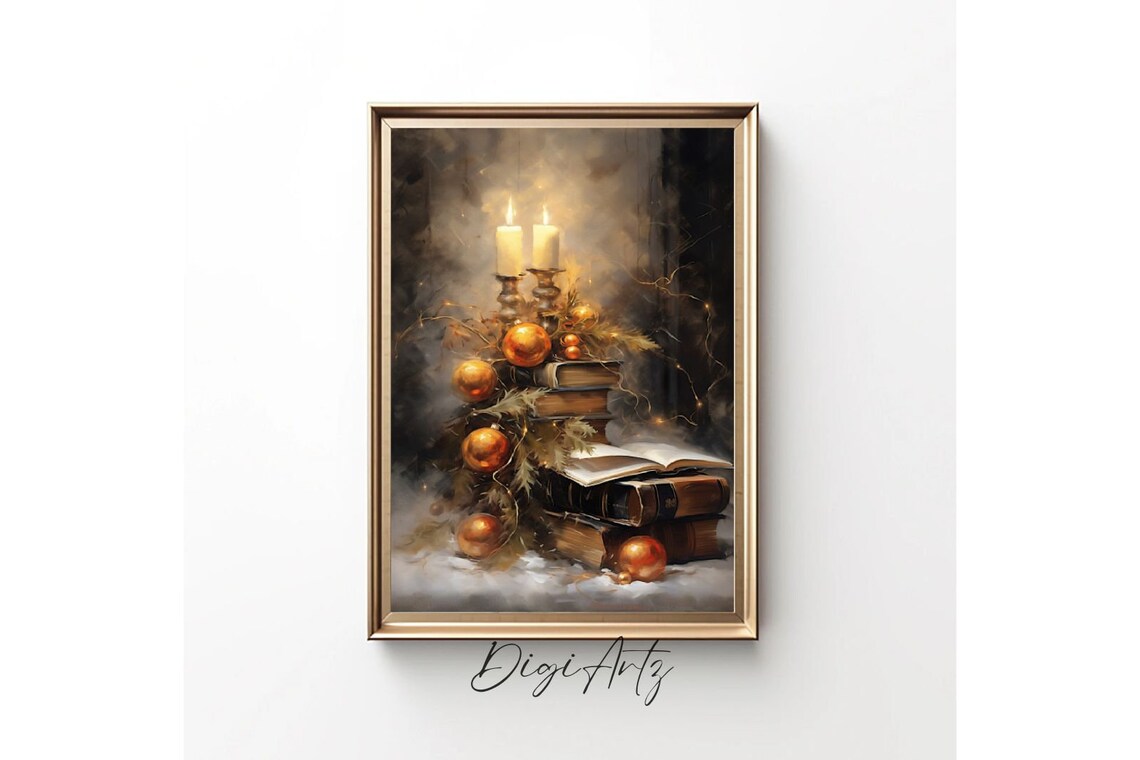 Moody Candlelight Books Still Life Oil Painting Holiday Wall Poster