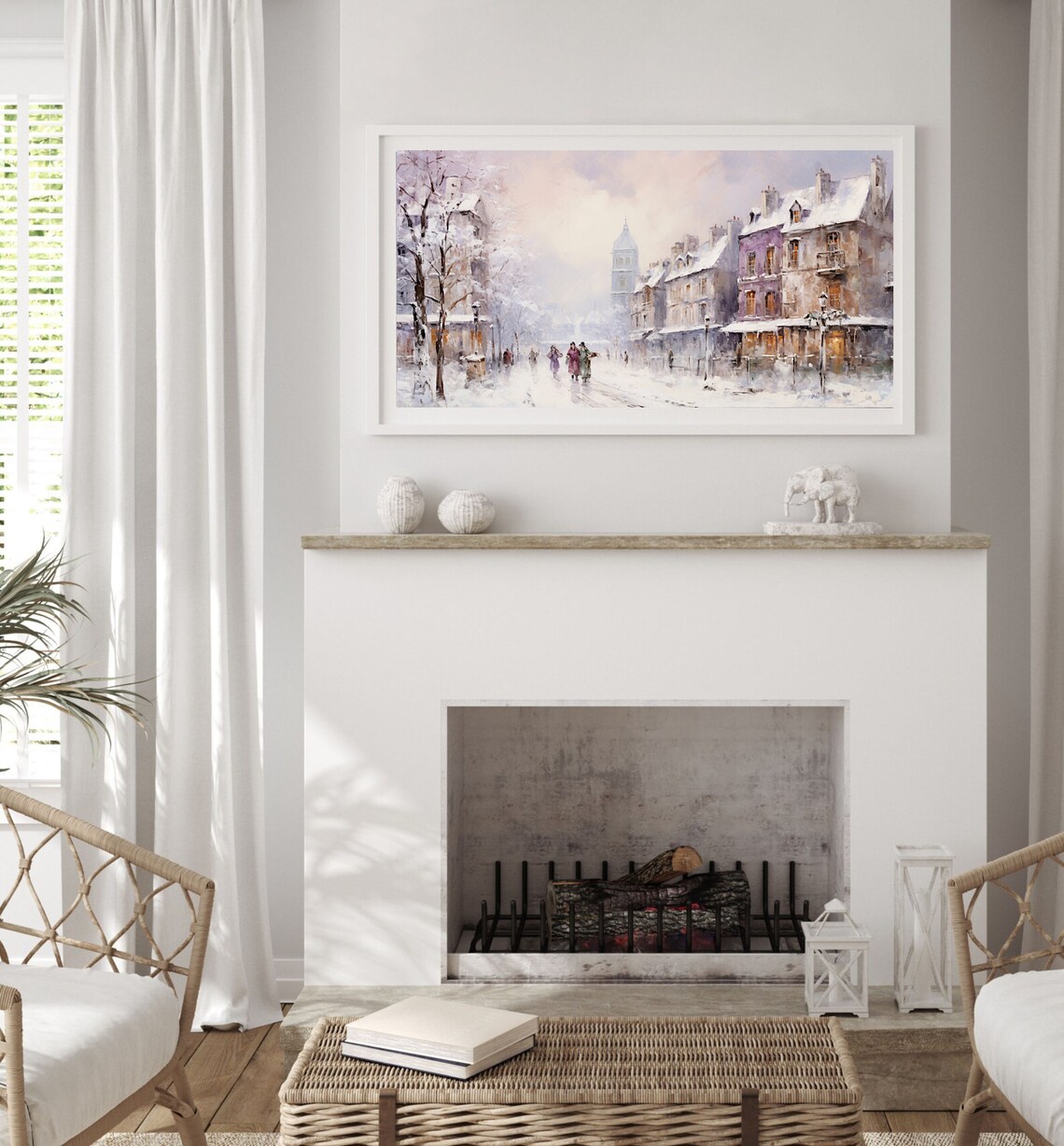 Frame Tv Winter Town Oil Painting Vintage Cottagecore Academia Christmas Decor Rustic Snowy Winter Landscape Holiday Farmhouse Print - Image 4
