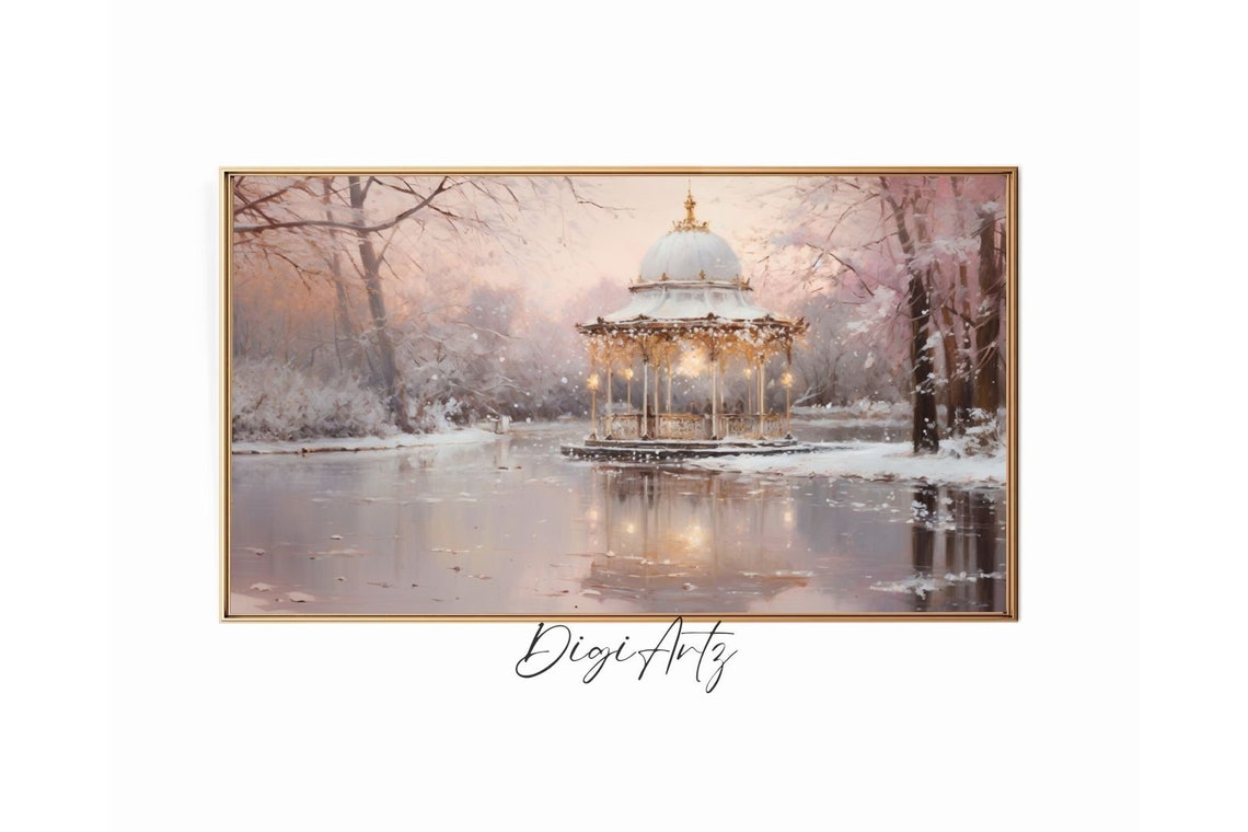 Snowy Gazebo Frozen Lake Sunset Panoramic Romantic Winter Poster