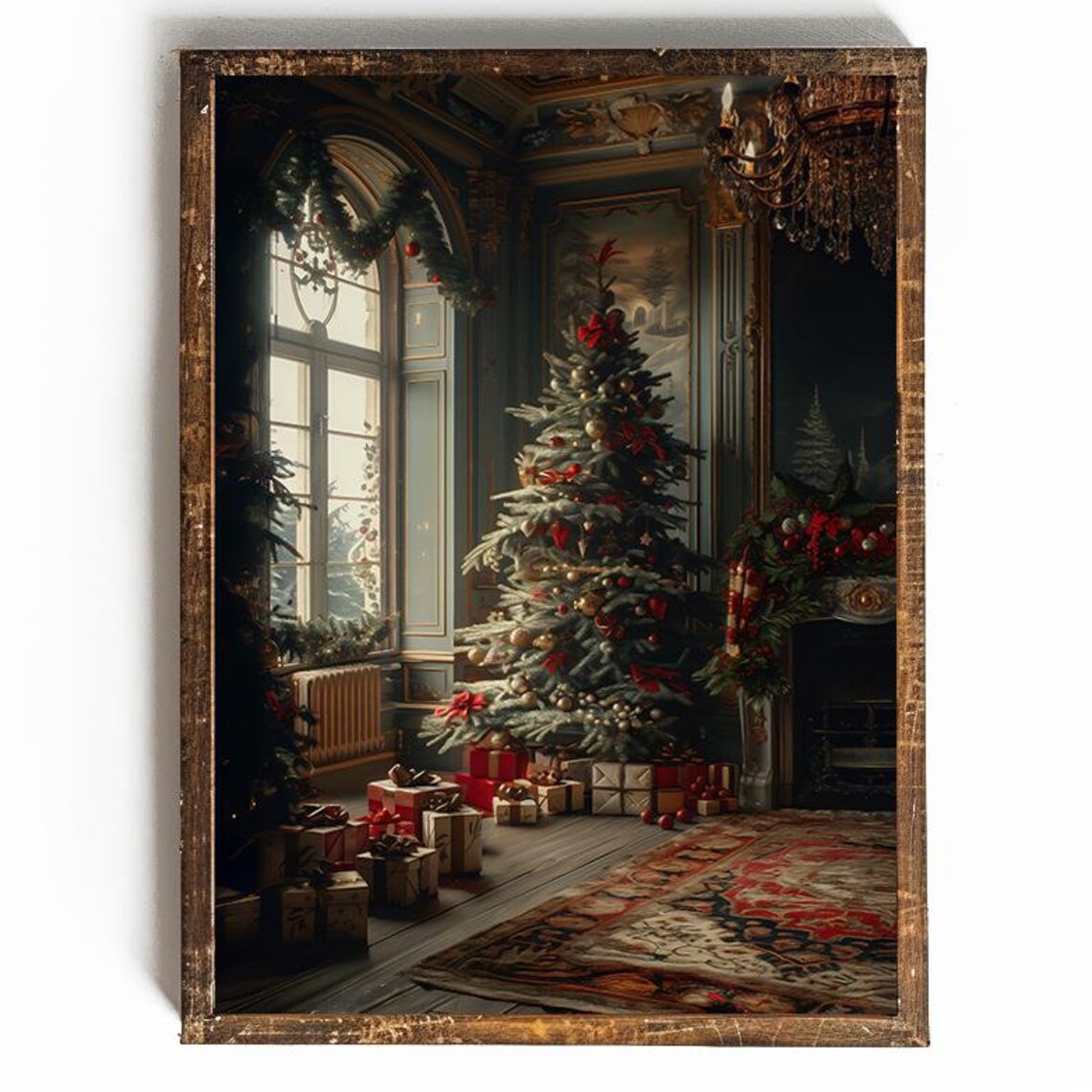 Christmas Tree with Red Bows in Grand Holiday Parlor Scene Poster