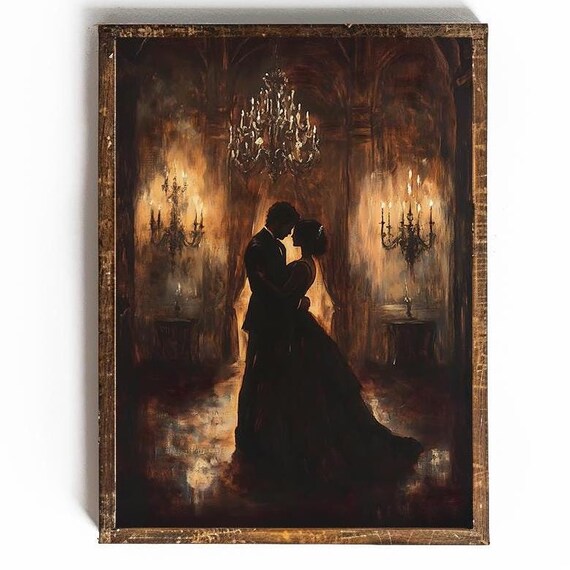 Silhouetted Couple Dancing in a Candlelit Grand Ballroom Poster