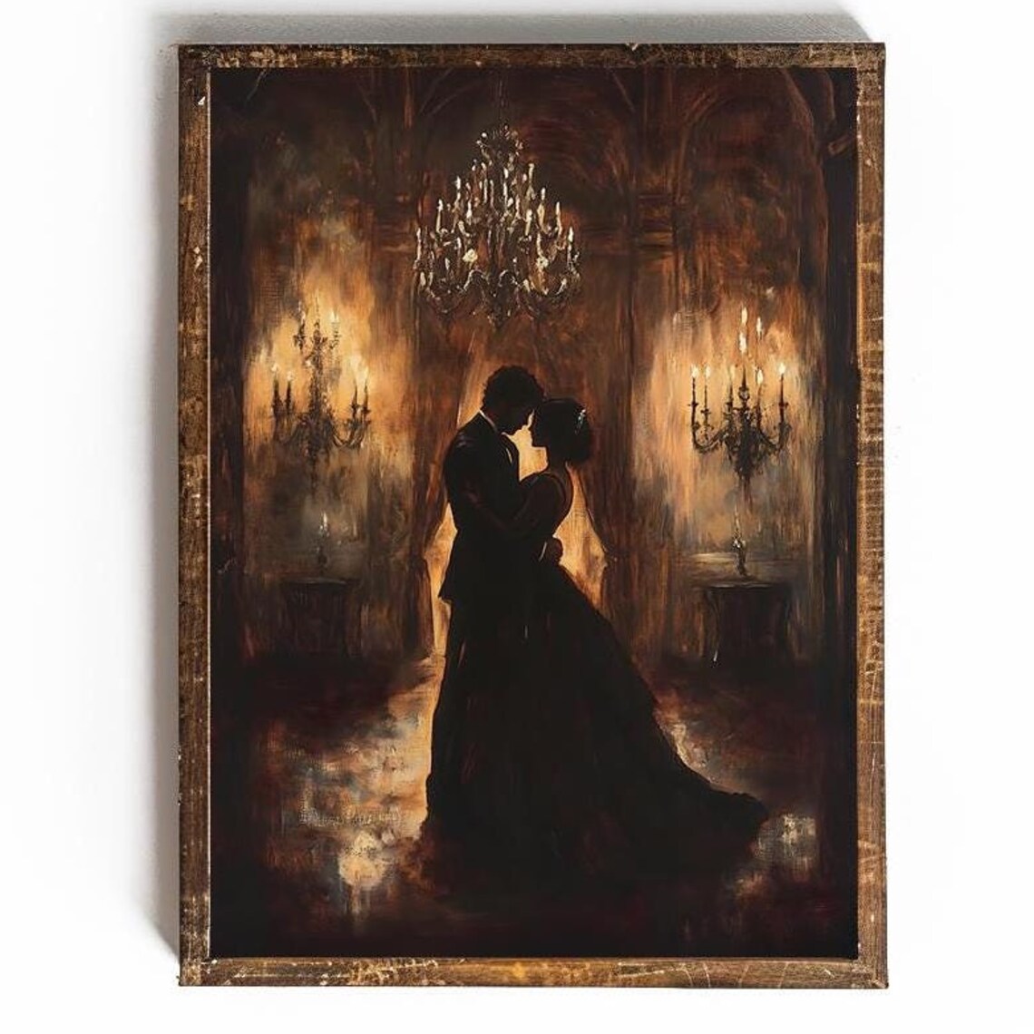 Silhouetted Couple Dancing in a Candlelit Grand Ballroom Poster