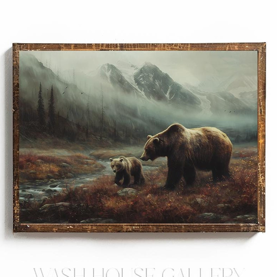 Mother Brown Bear and Cub in a Misty Mountain Valley Wilderness Poster