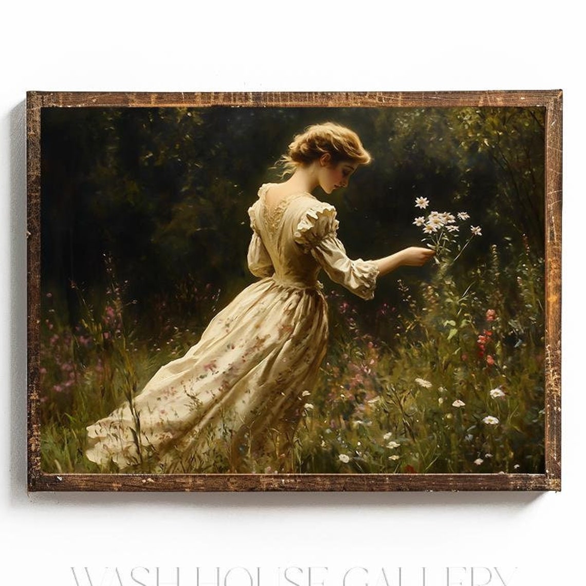 Victorian Lady Picking Wildflowers In Meadow Dusk Painting Poster