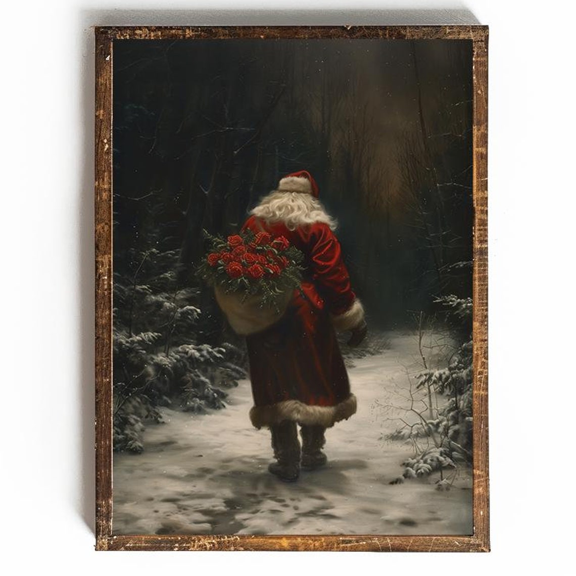 Santa Walking Into a Dark Forest Carrying Roses on His Back Poster - Image 2