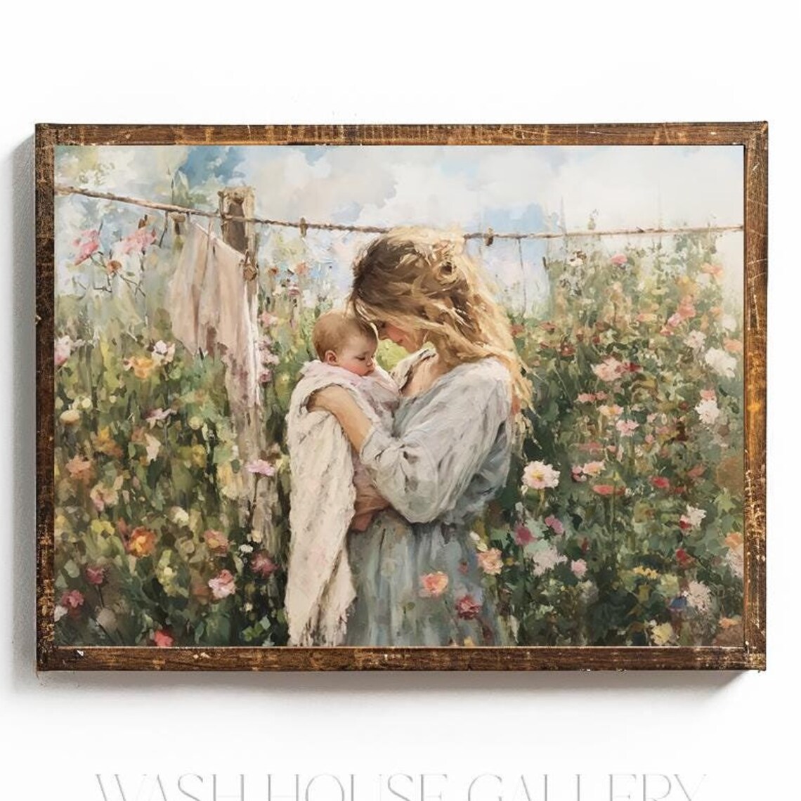 Mother Kissing Baby in a Cottage Garden by a Laundry Line Poster