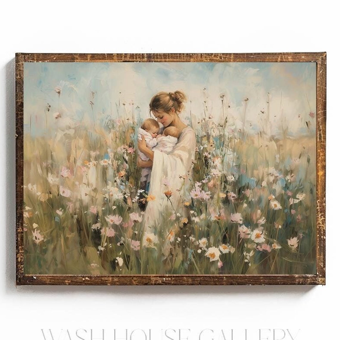 Mother Holding Her Twin Babies in a Wildflower Meadow Poster