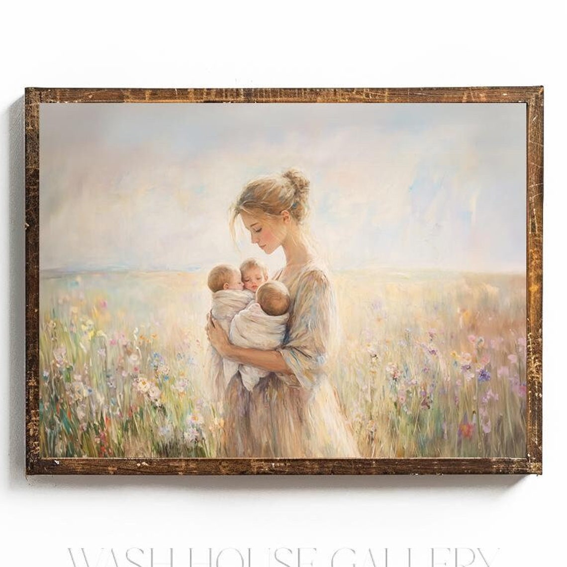 Mother Holding Triplets in a Wildflower Meadow at Sunset Poster - Image 2