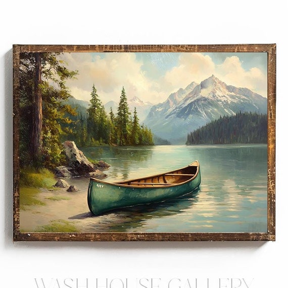 Vintage Canoe Wall Art Old Town Canoe Canoe Green Canoe Painting Print Cabin Decor Mountain Lake Painting Vintage Camping Print