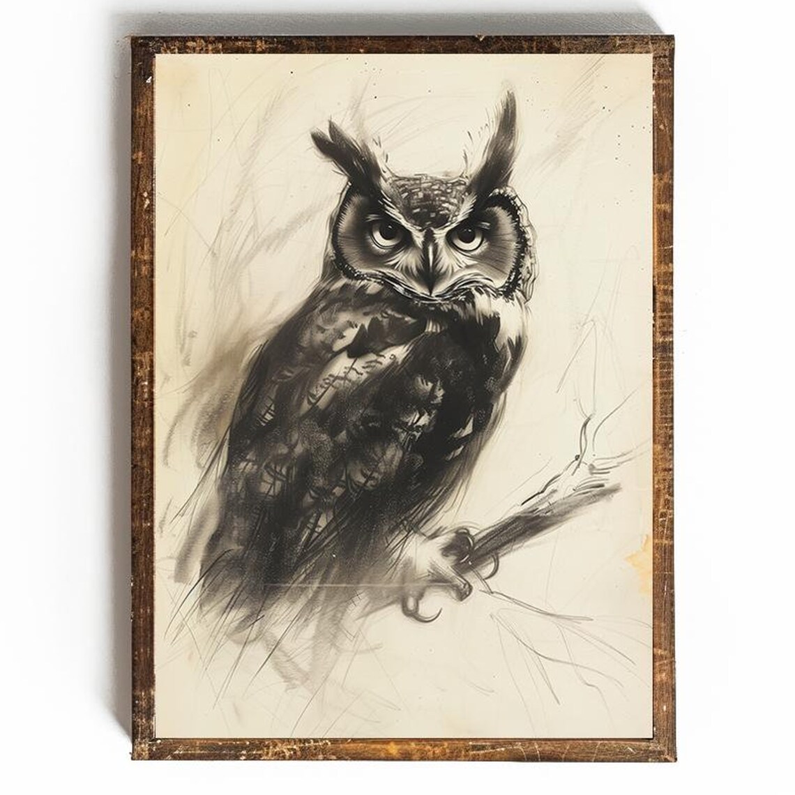 Great Horned Owl Monochrome Charcoal Sketch Wildlife Nature Poster