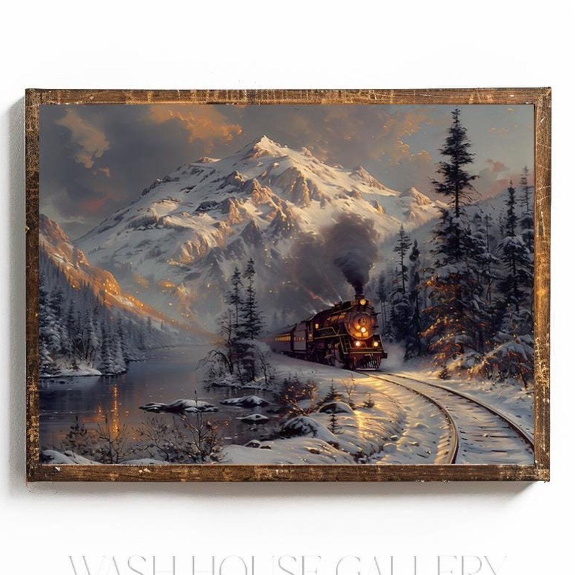 Steam Train Crossing Snowy Mountain Valley Winter Dusk Scene Poster