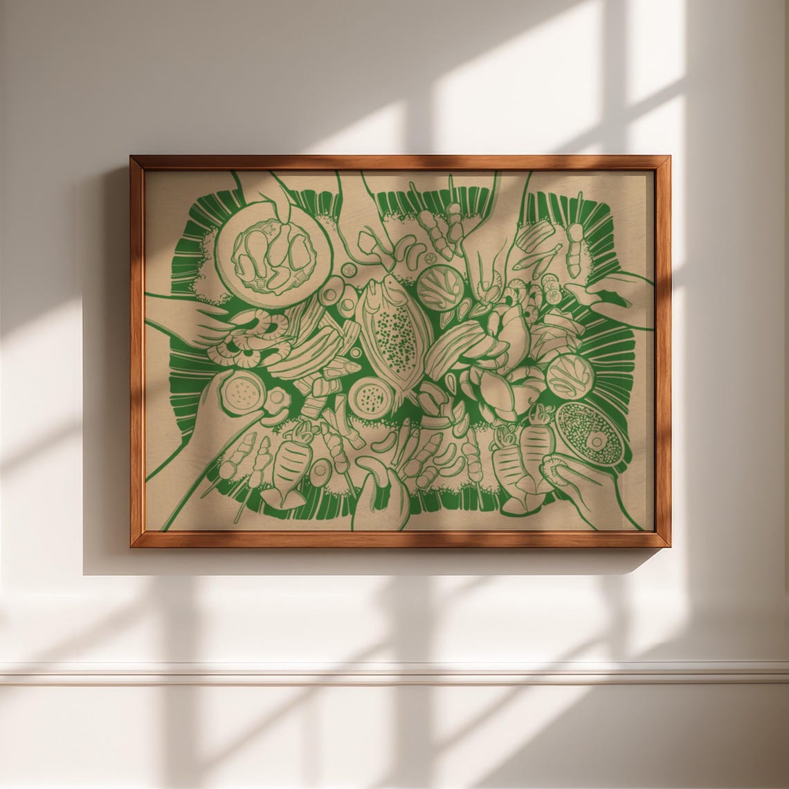 Filipino Kamayan Feast Banana Leaf Line Art Green Boodle Fight Print