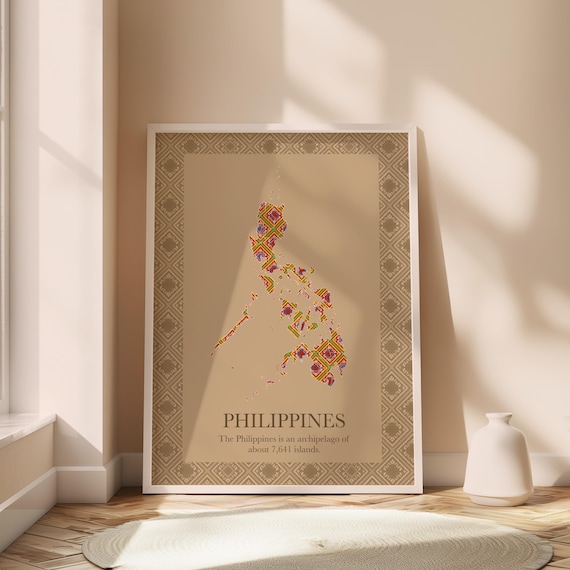 Philippines Map With Etnic Pattern Beige Filipino Wall Art Home Office Decor Pinoy Culture Printable Poster Original Artwork