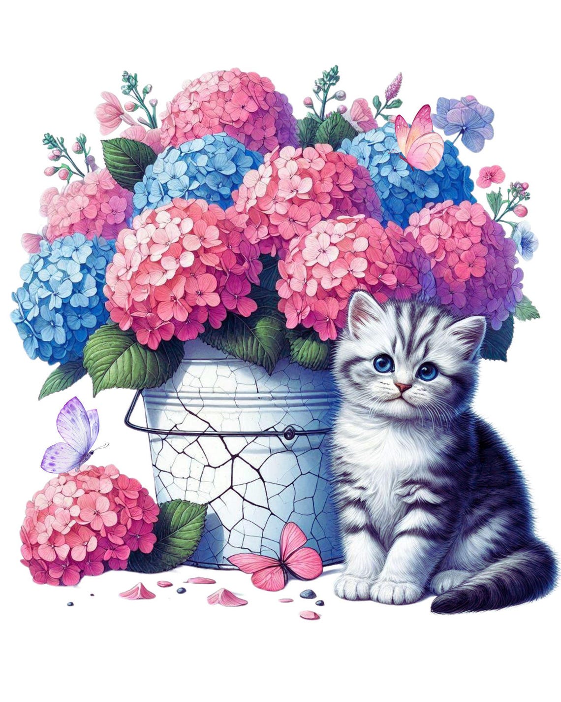 Kitten Beside Bucket of Pink and Blue Hydrangeas Floral Poster - Image 2
