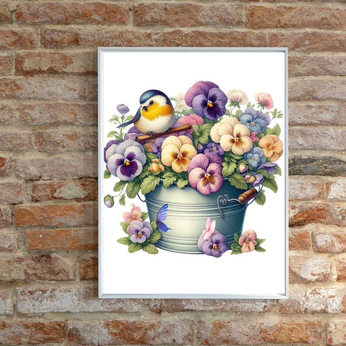 Songbird Perched on a Bucket of Colorful Pansies Floral Poster - Image 2