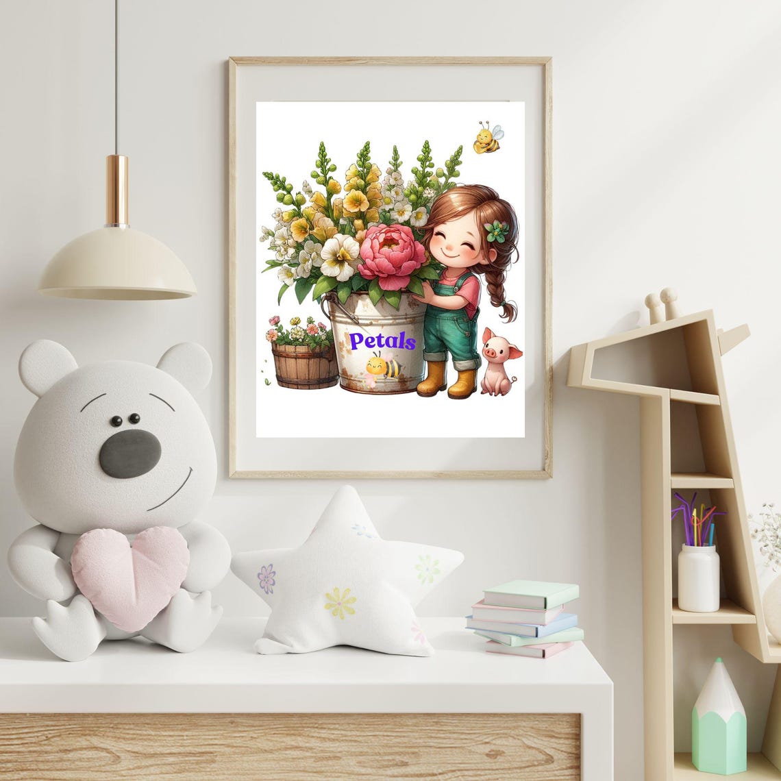 Petals Farm Girl With Big Flower Bucket Piglet and Bees Poster