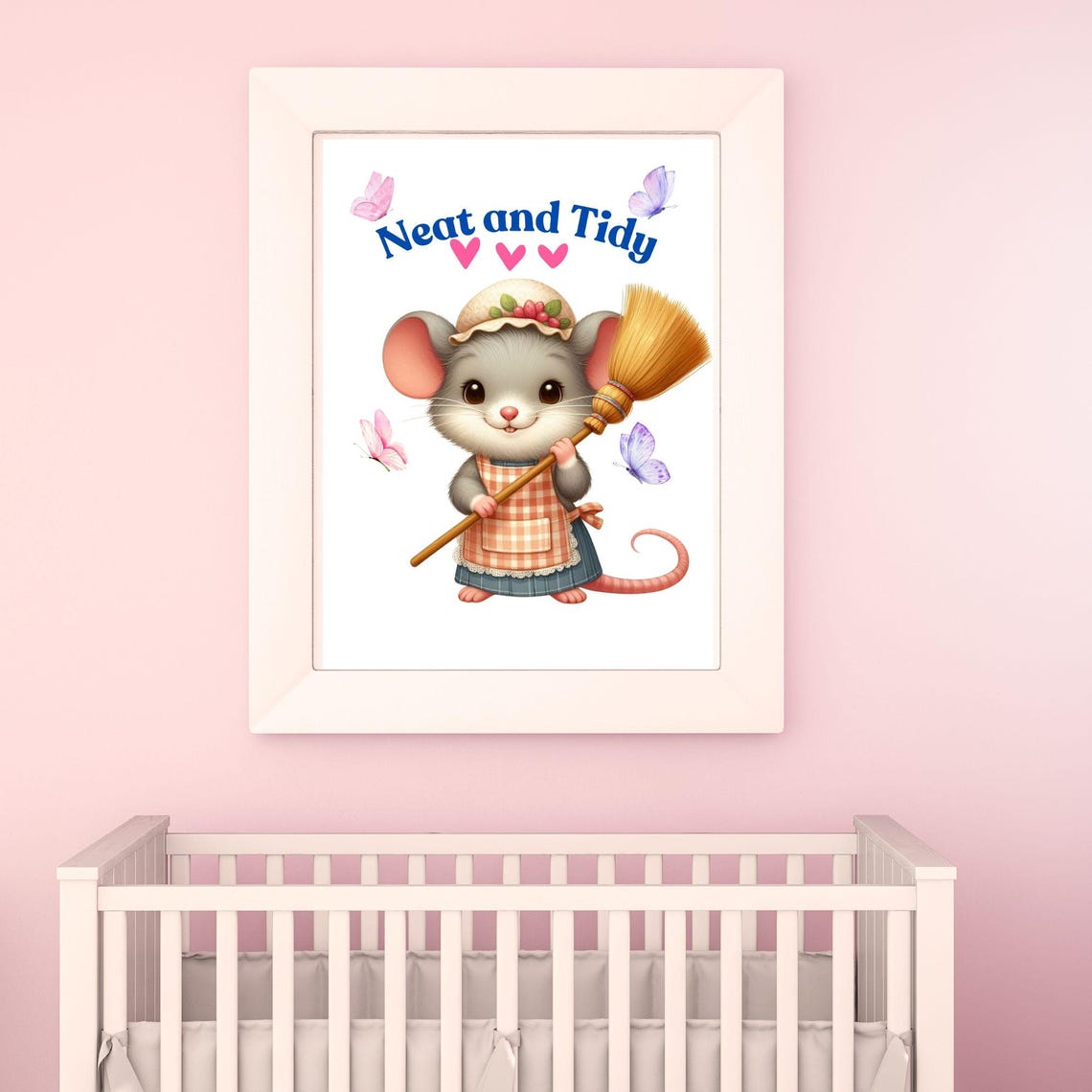 Neat and Tidy Mouse in Apron Holding a Broom With Butterflies Poster - Image 3