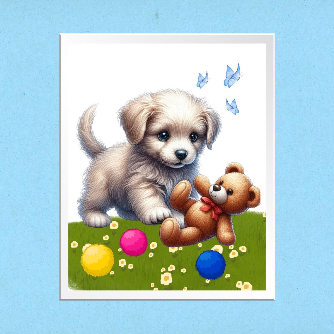 Fluffy Puppy With Teddy Bear and Colorful Balls Playtime Poster