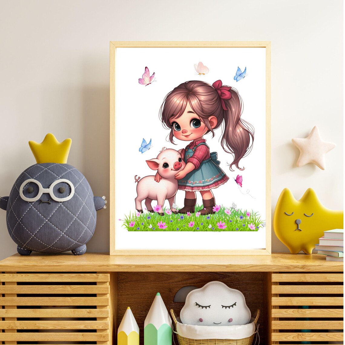 Little Farm Girl Hugging Her Piglet in a Flower Meadow Poster - Image 3