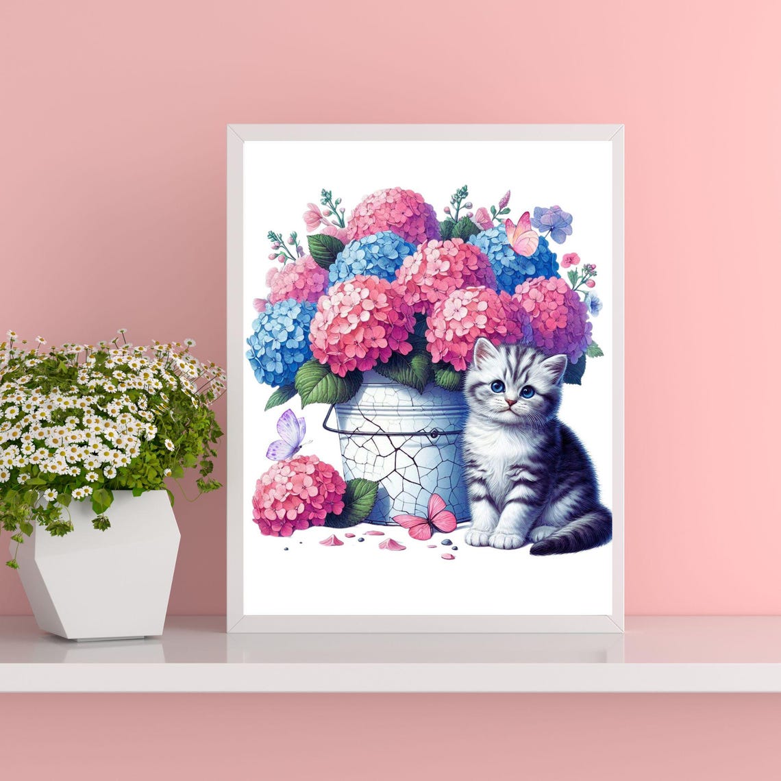 Kitten Beside Bucket of Pink and Blue Hydrangeas Floral Poster