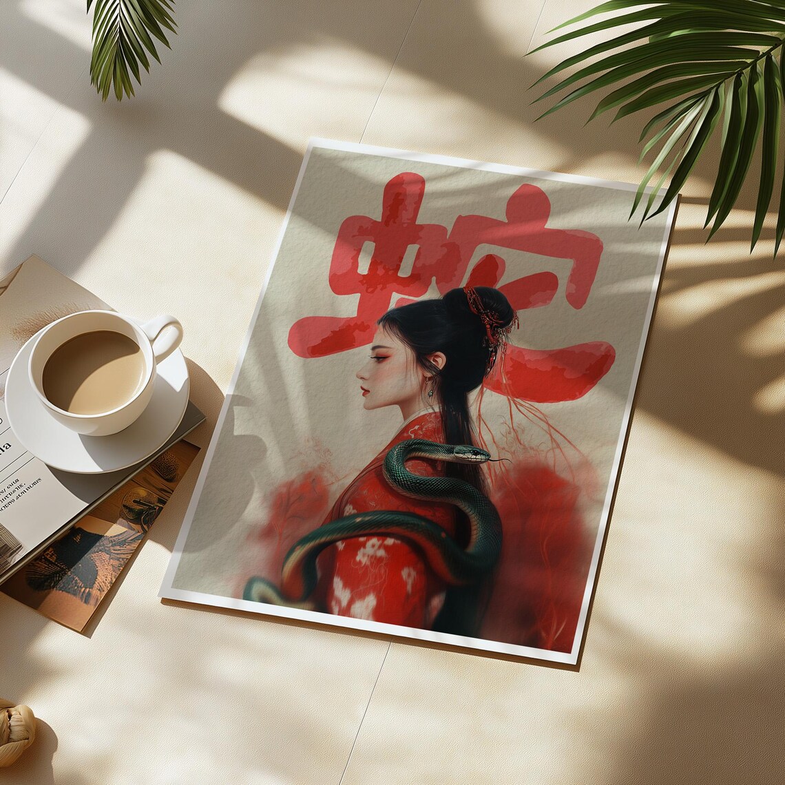 Year Of The Snake Woman In Red Robe With Green Snake Art Print - Image 3