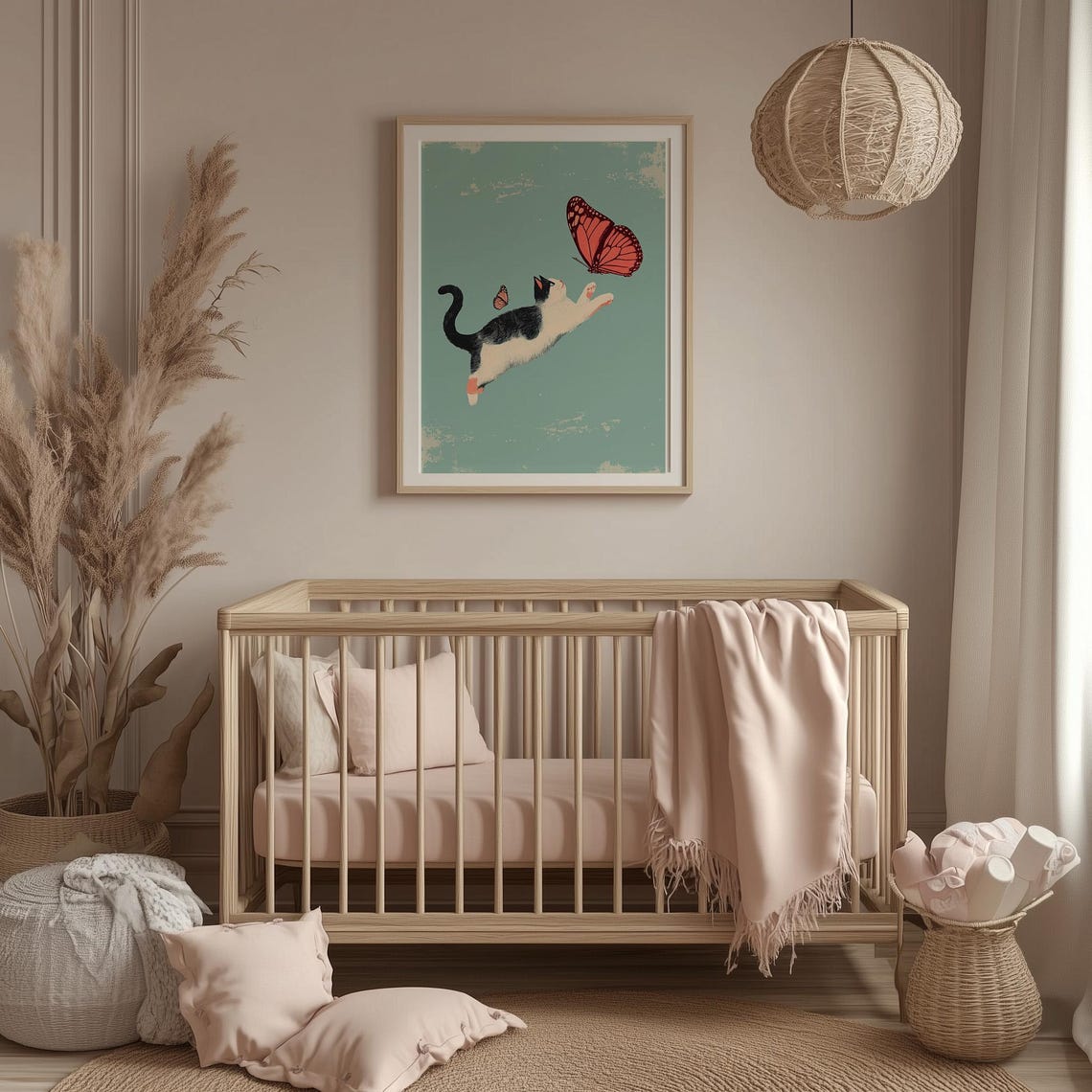 Playful Cat Leaping For A Monarch Butterfly Teal Nursery Wall Art - Image 2