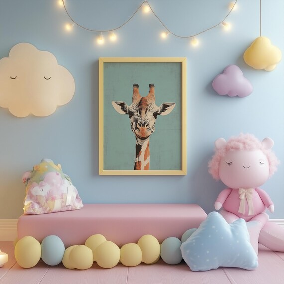 Giraffe Portrait On Teal Background Whimsical Nursery Safari Wall Art