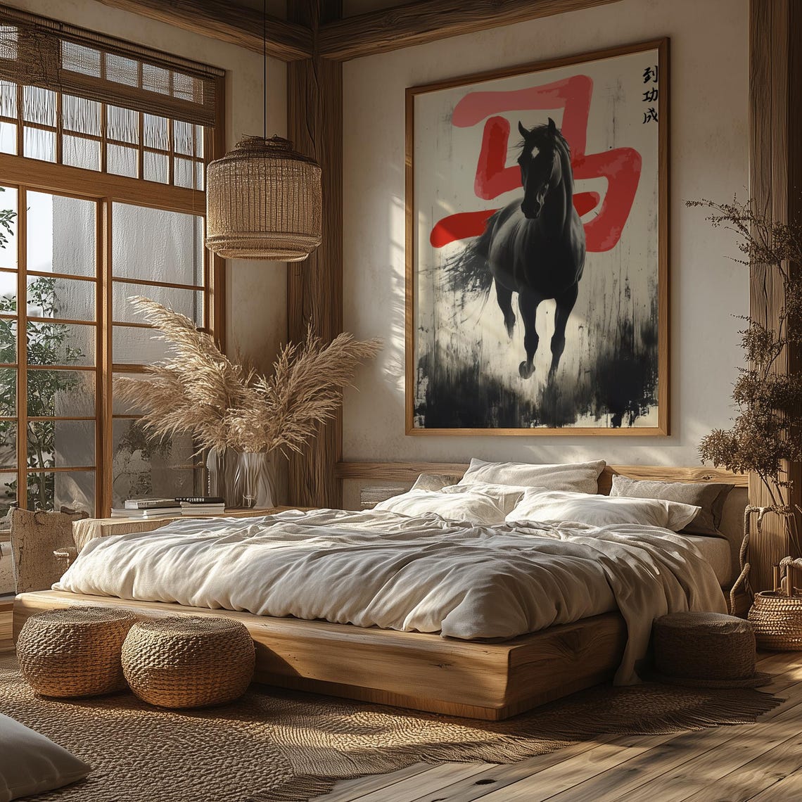 Wabi Sabi Ink Wash Galloping Black Horse With Red Calligraphy Wall Art - Image 2