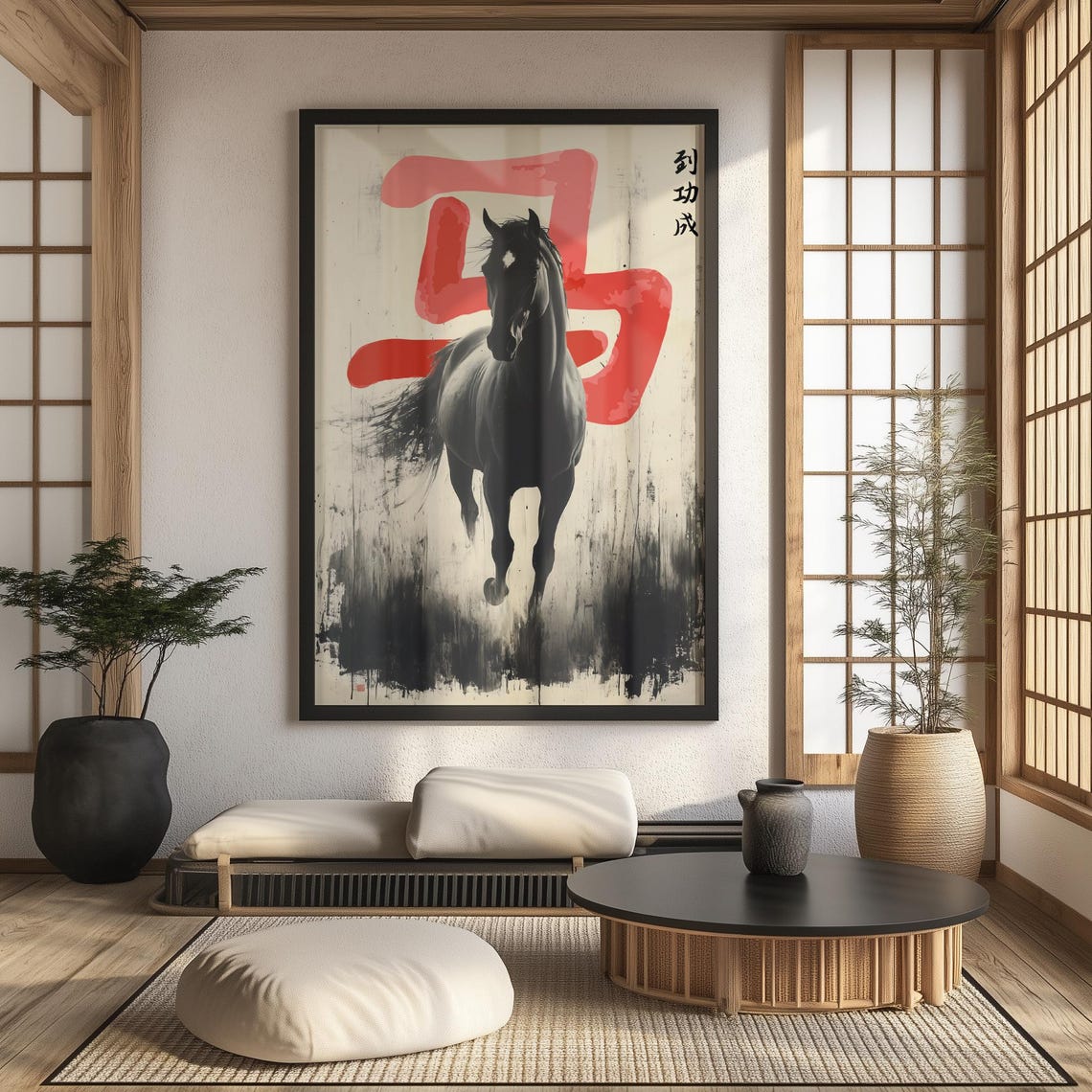 Wabi Sabi Ink Wash Galloping Black Horse With Red Calligraphy Wall Art - Image 4