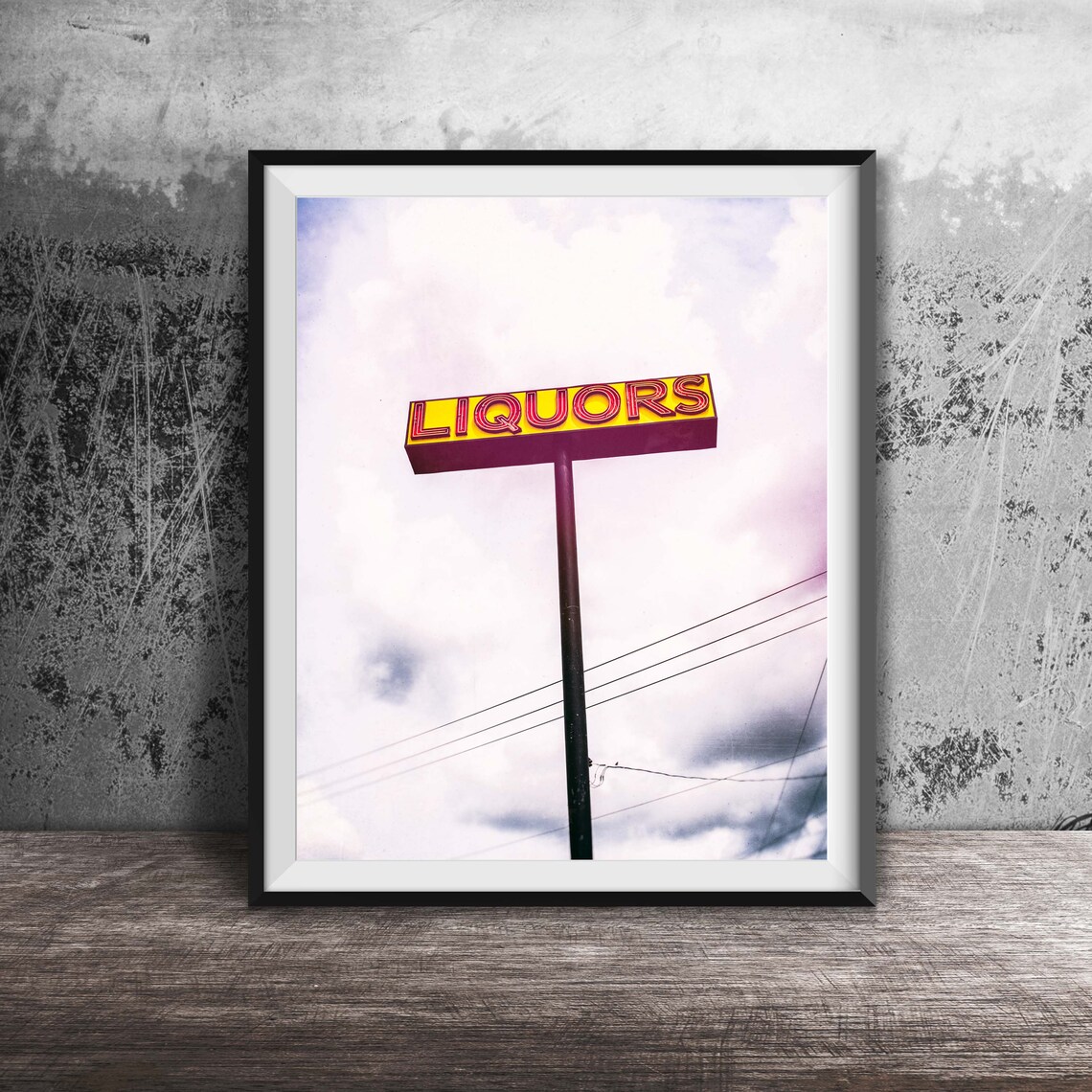 Liquors Retro Roadside Pole Sign Against Cloudy Sky Photo Poster