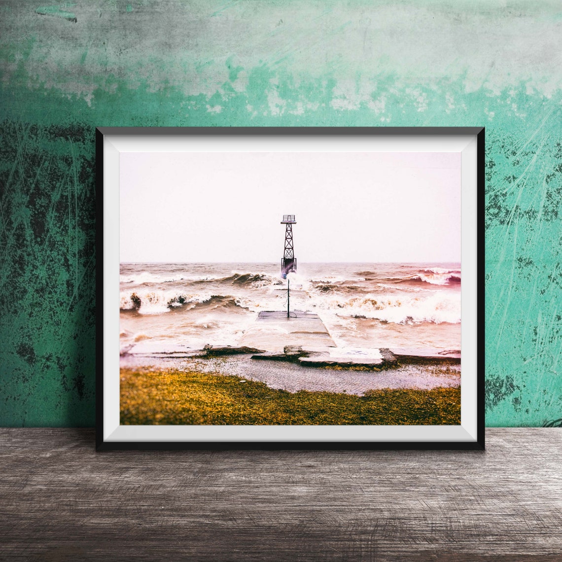 Lake Michigan Storm Waves Over Pier Beacon Photography Poster