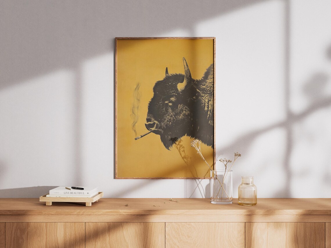 Bison Smoking a Cigarette on Mustard Yellow Vintage Wildlife Poster - Image 2