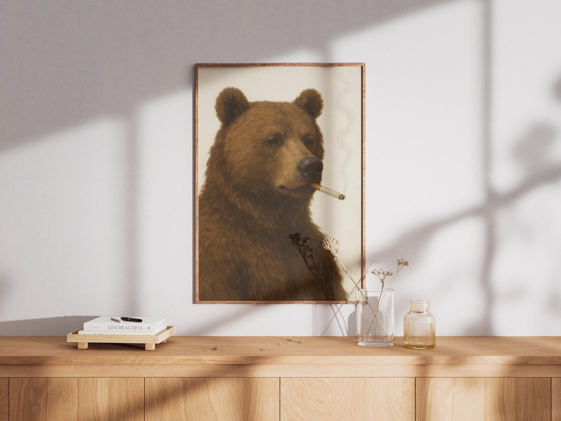 Brown Bear Smoking a Cigarette Cream Background Funny Cabin Poster - Image 2