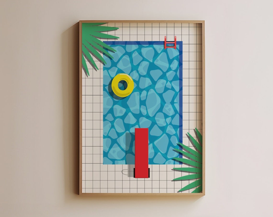 Retro Aerial Swimming Pool Float Diving Board Palm Vintage Poster