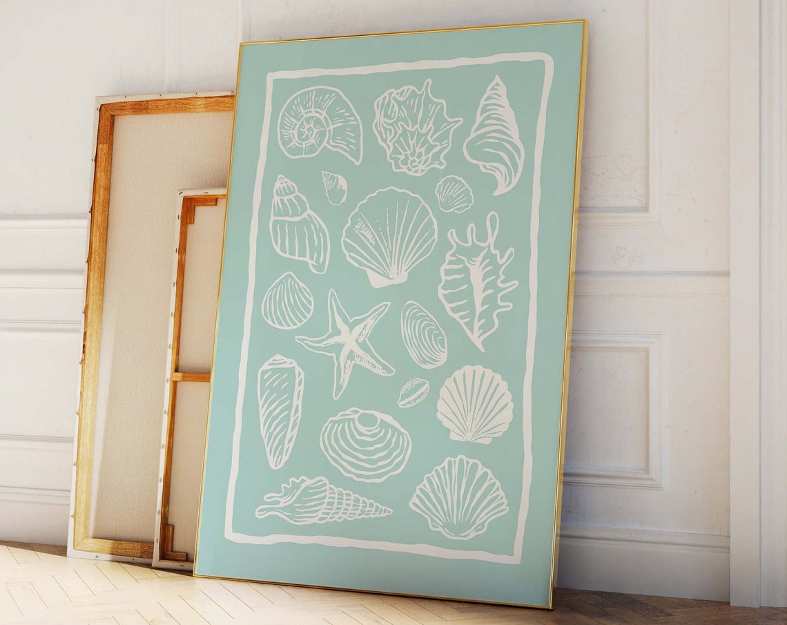 Mint Seashell Collage White Line Art Starfish Beach Decor Poster