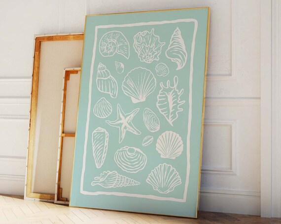 Mint Seashell Collage White Line Art Starfish Beach Decor Poster