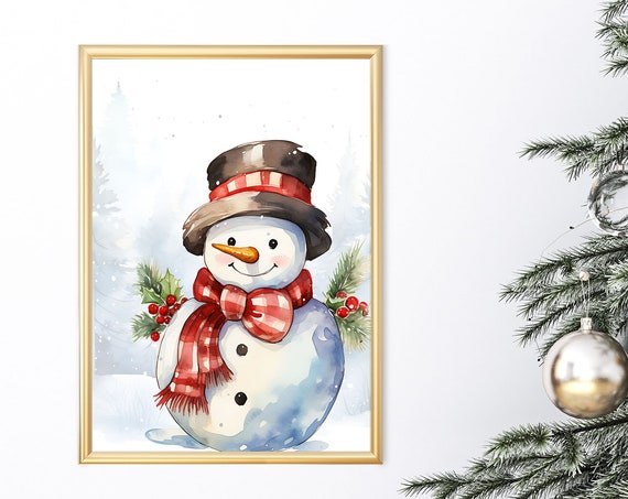 Cute Christmas Snowman Wall Art Xmas Wall Art Watercolor Christmas Art Holiday Season Art Snowman Print Xmas01