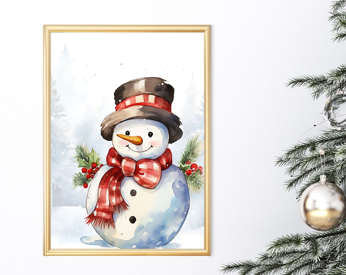 Cute Watercolor Snowman Top Hat Plaid Scarf Winter Art Poster