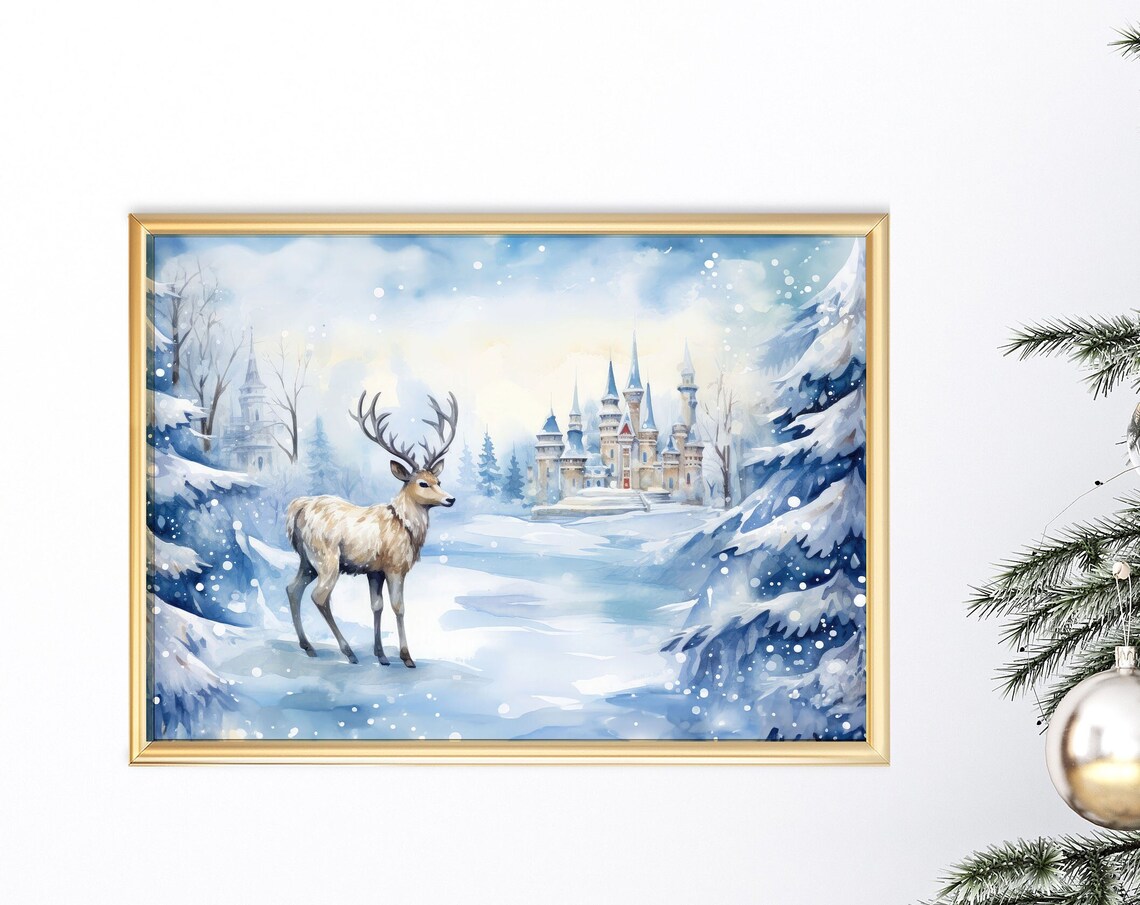 Winter Deer Castle Snowy Blue Christmas Watercolor Art Print