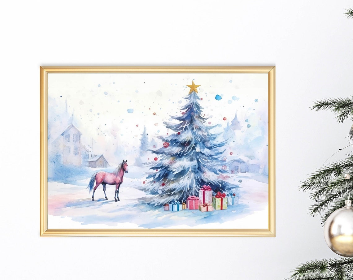 Blue Christmas Tree Pink Horse Gifts Watercolor Holiday Art Print
