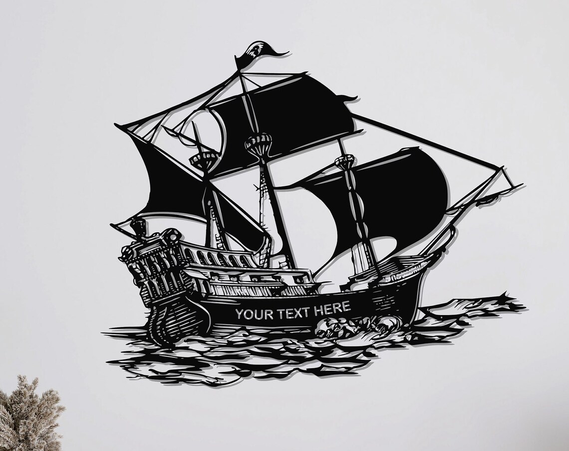 Personalized Pirate Sailing Ship Waves Black Metal Silhouette Wall Art