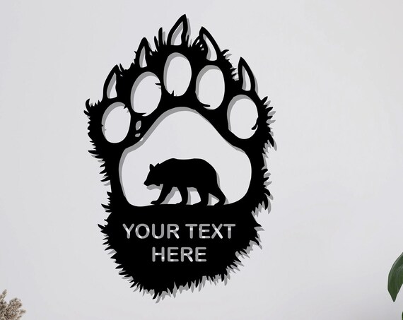 Personalized Bear Paw Walking Bear Silhouette Rustic Black Metal Wall Art