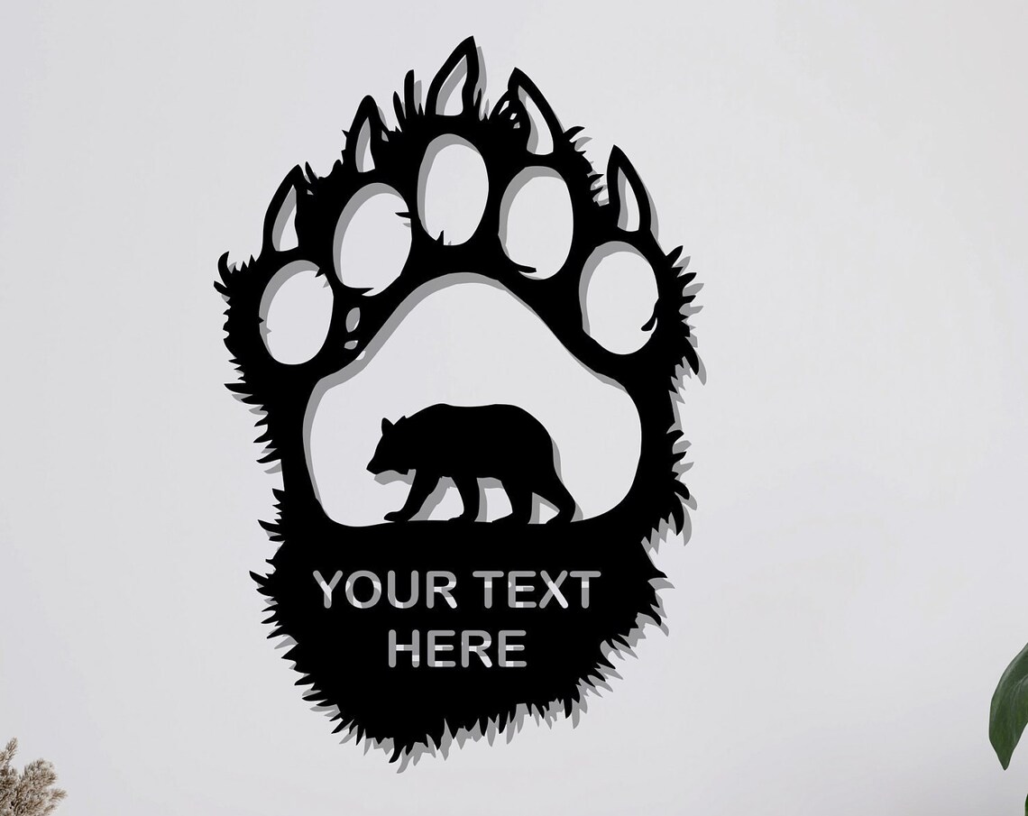 Personalized Bear Paw Walking Bear Silhouette Rustic Black Metal Wall Art